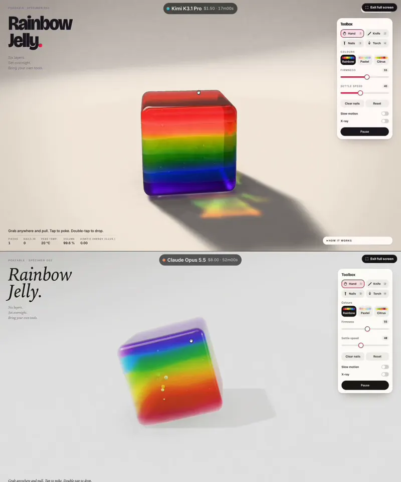 Rainbow jelly you can cut, nail and torch: Kimi K3.1 Pro vs Claude Opus 5.5