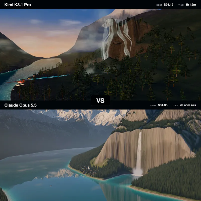Alpine Gold scene, max vs xhigh: Kimi K3.1 Pro vs Claude Opus 5.5