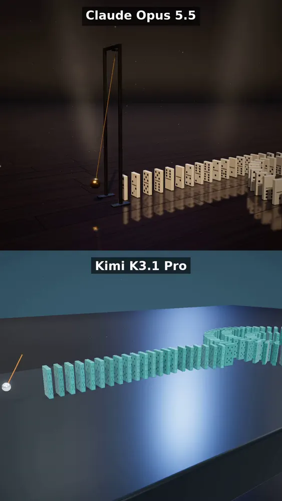 300-piece domino run with real physics: Claude Opus 5.5 vs Kimi K3.1 Pro