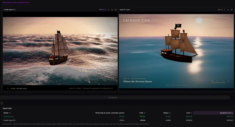 Pirate ship at sunset, cinematic camera: Kimi K3.1 Pro vs Claude Opus 5.5