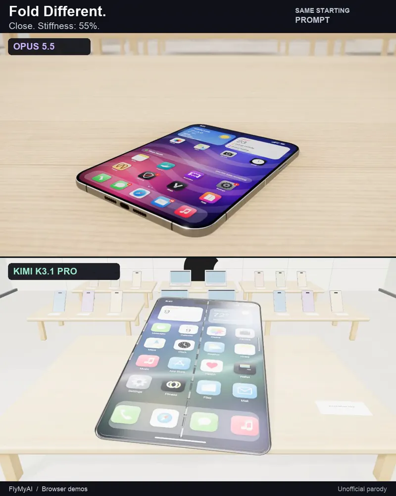 Foldable iPhone browser build: Claude Opus 5.5 vs Kimi K3.1 Pro