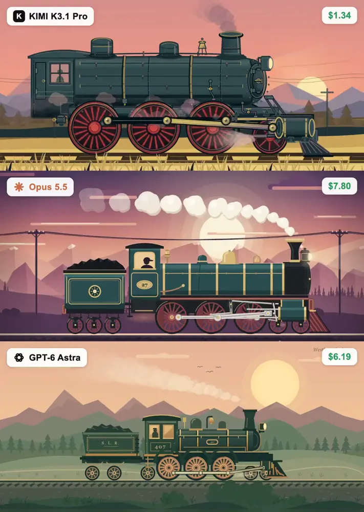 Steam locomotive SVG animation: Kimi K3.1 Pro vs GPT-6 Astra vs Claude Opus 5.5