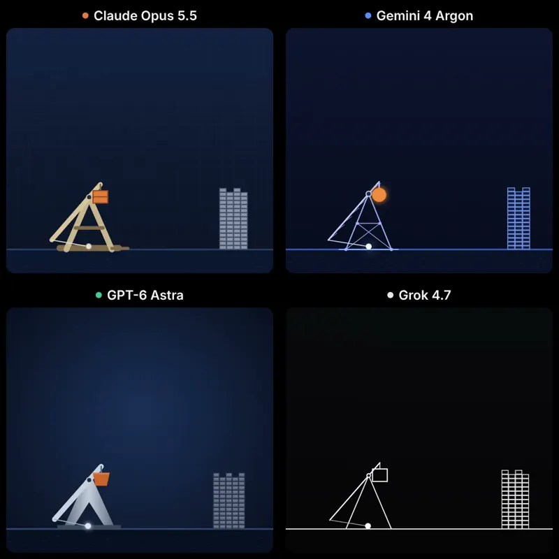 Trebuchet physics, four models: Claude Opus 5.5 vs Gemini 4 Argon vs GPT-6 Astra vs Grok 4.7