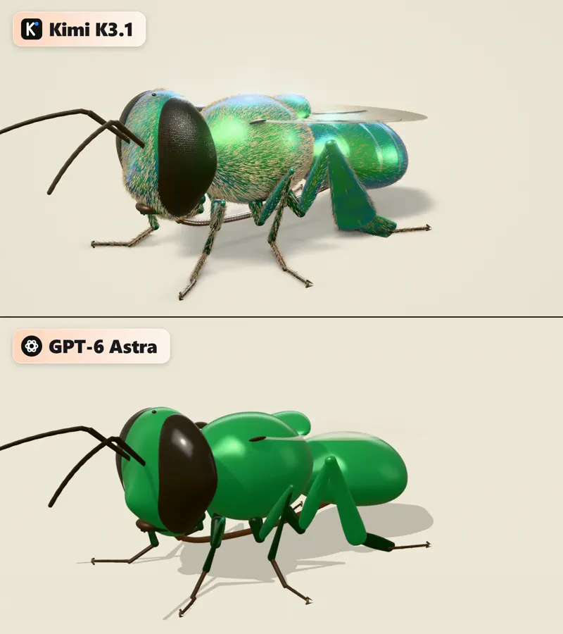 3D bee model, Kimi vs Astra: Kimi K3.1 Pro vs GPT-6 Astra