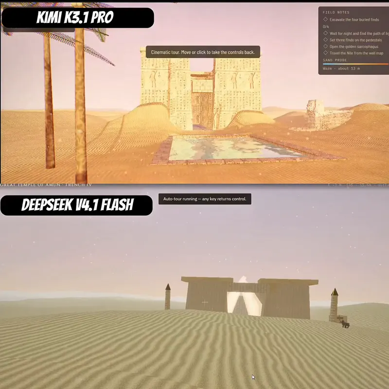 Three.js Egyptian temple complex at dawn: Kimi K3.1 Pro vs DeepSeek V4.1 Flash 1017