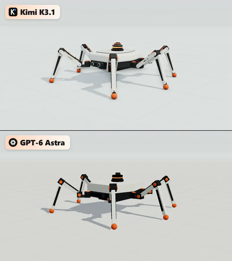 Six-legged robot model: Kimi K3.1 Pro vs GPT-6 Astra