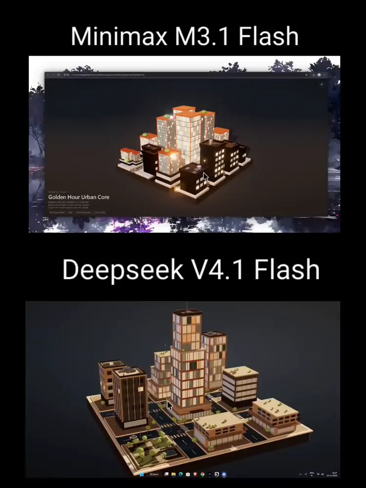 Isometric miniature city block: DeepSeek V4.1 Flash 1017 vs MiniMax M3.1 Flash