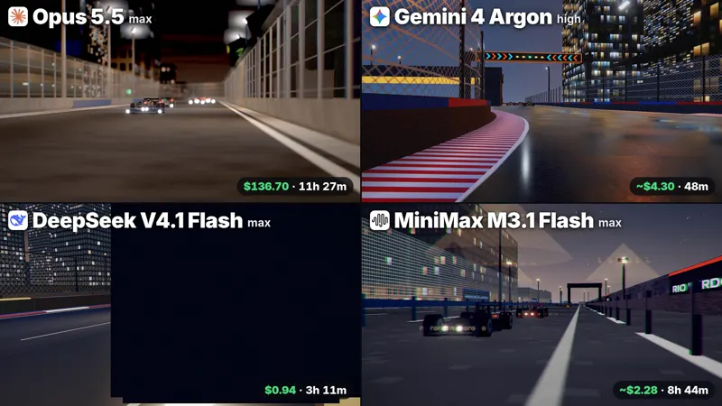 Kaiju wrecking an Austin night race, one shot: Claude Opus 5.5 vs Gemini 4 Argon vs DeepSeek V4.1 Flash 1017 vs MiniMax M3.1 Flash