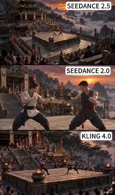 Mountaintop kung fu fight, three video models: Seedance 2.0 vs Seedance 2.5 vs Kling 4.0