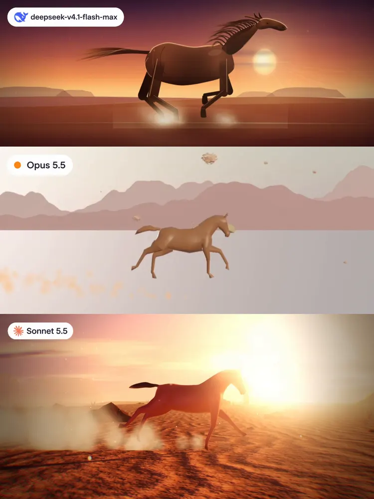Horse galloping through desert haze: DeepSeek V4.1 Flash 1017 vs Claude Opus 5.5 vs Claude Sonnet 5.5
