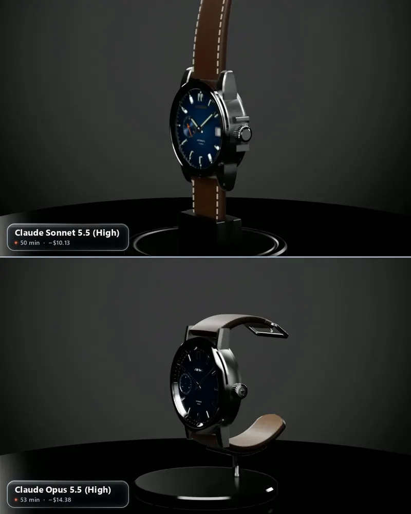 Luxury mechanical watch in Blender, code only: Claude Sonnet 5.5 vs Claude Opus 5.5