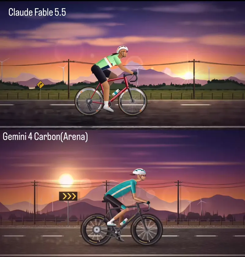 Cyclist at sunset, Arena test of upcoming models: Claude Fable 5.5 vs Gemini 4 Carbon
