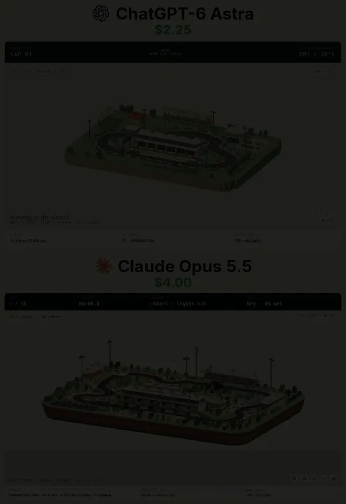 Tiny 14-turn night race circuit: GPT-6 Astra vs Claude Opus 5.5