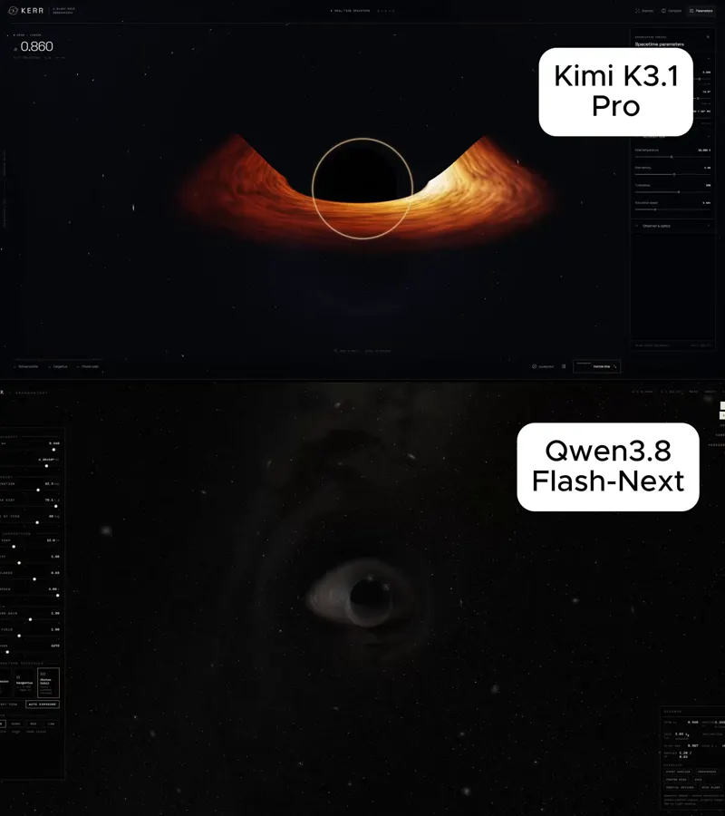 Real-time Kerr black hole observatory: Kimi K3.1 Pro vs Qwen 3.8 Flash Next