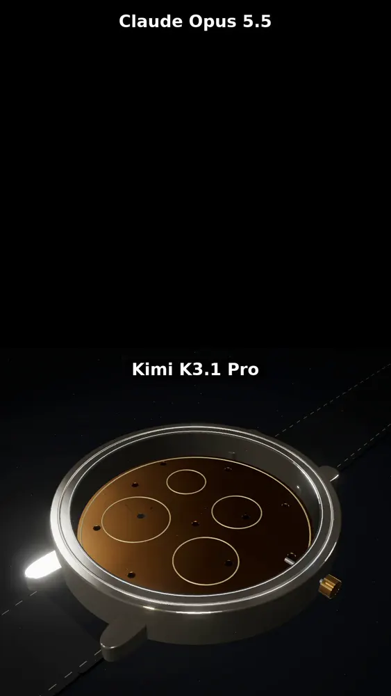 Mechanical watch assembly in 3D: Claude Opus 5.5 vs Kimi K3.1 Pro