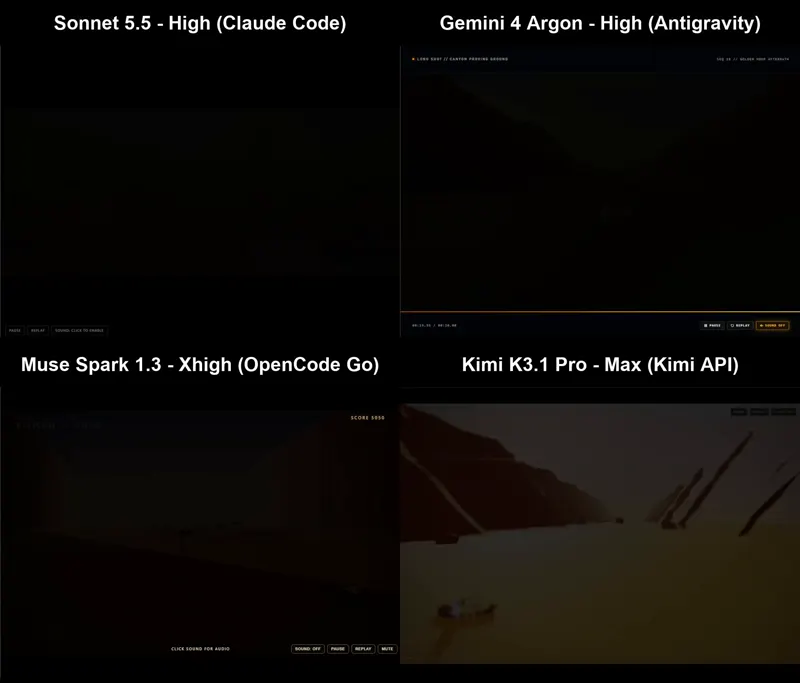 Short Three.js animation from scratch, four models: Claude Sonnet 5.5 vs Gemini 4 Argon vs Muse Spark 1.3 vs Kimi K3.1 Pro