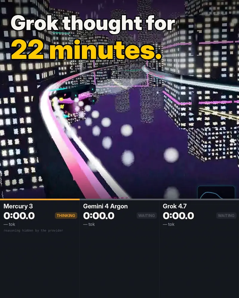 3D racing game, timed, three models: Grok 4.7 vs Mercury 3 vs Gemini 4 Argon