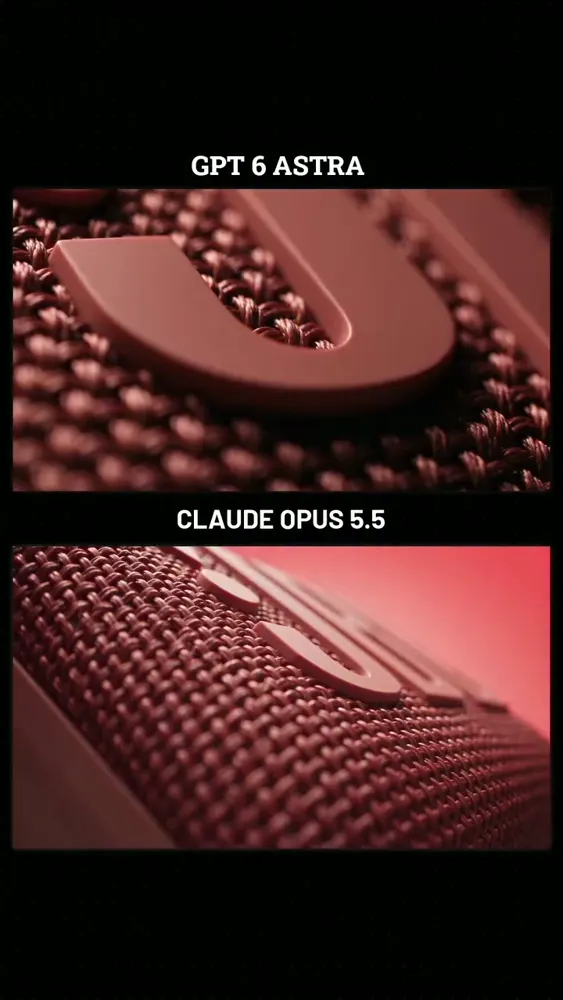 JBL speaker ad with a powder explosion: GPT-6 Astra vs Claude Opus 5.5