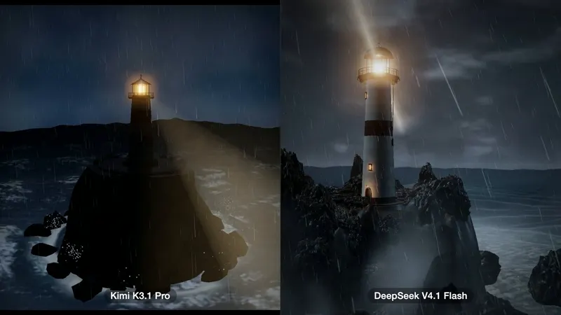 Lighthouse in a storm, one HTML file, first try: Kimi K3.1 Pro vs DeepSeek V4.1 Flash 1017