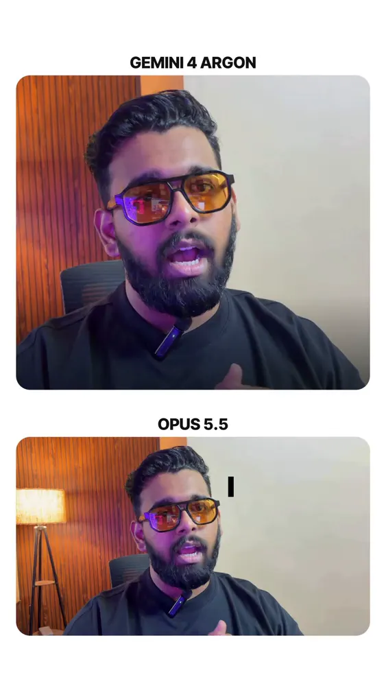 Talking-head video edit, Gemini 4 Argon vs Claude Opus 5.5: Gemini 4 Argon vs Claude Opus 5.5