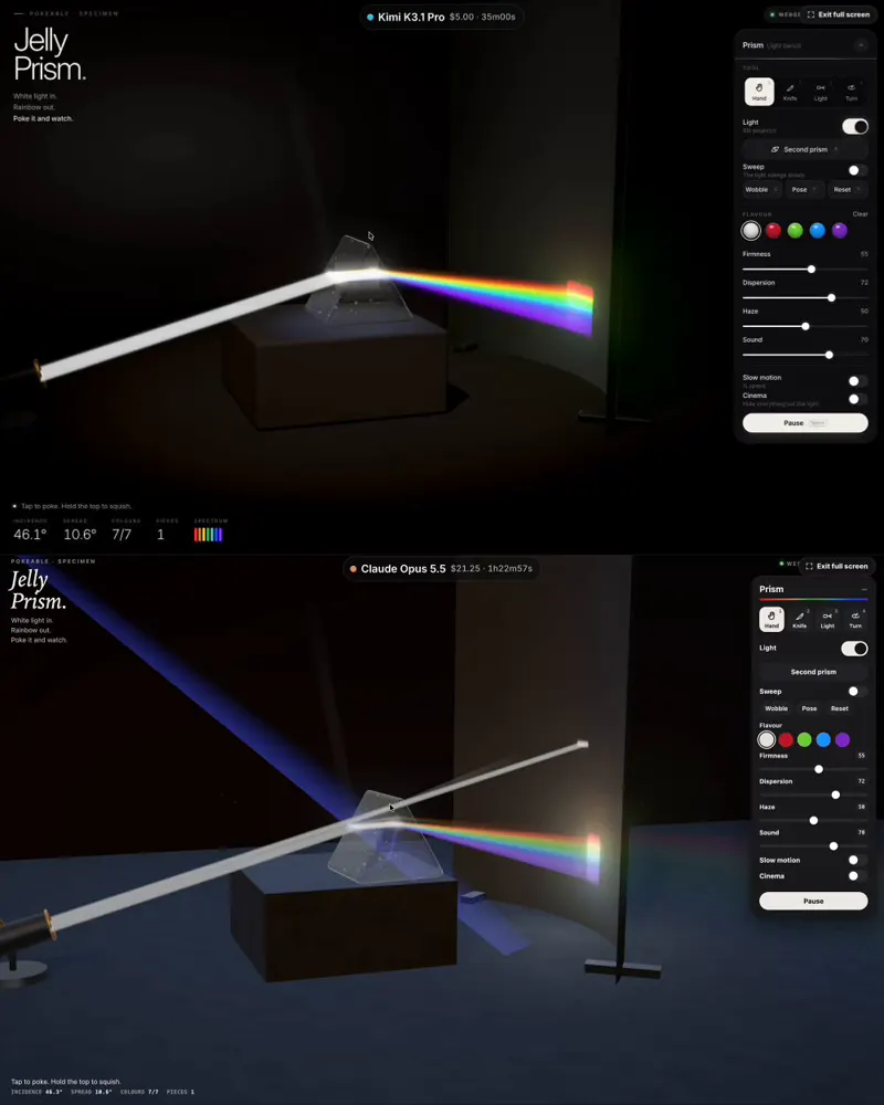 Jelly prism that splits real light: Kimi K3.1 Pro vs Claude Opus 5.5