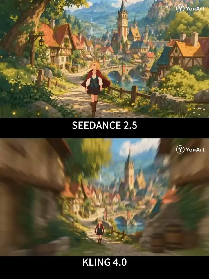 Red-cloaked heroine runs from village to mall: Seedance 2.5 vs Kling 4.0