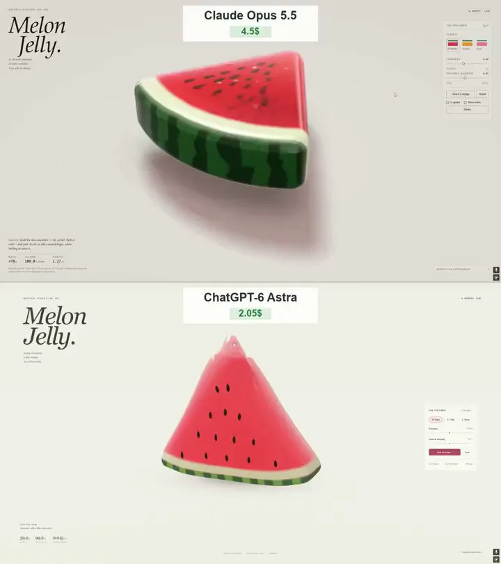Squeezable jelly watermelon slice: Claude Opus 5.5 vs GPT-6 Astra