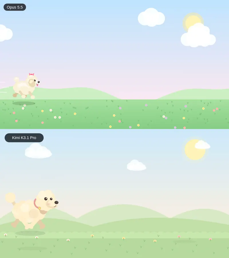 Toy poodle model, code only: Claude Opus 5.5 vs Kimi K3.1 Pro