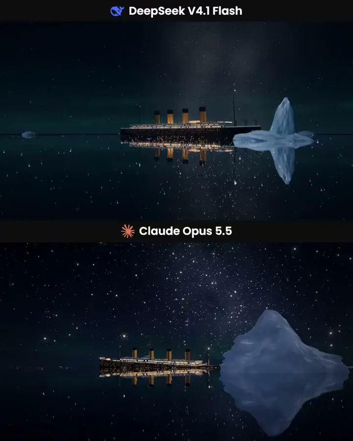 Titanic sinking, DeepSeek V4.1 Flash 1017 vs Claude Opus 5.5: DeepSeek V4.1 Flash 1017 vs Claude Opus 5.5
