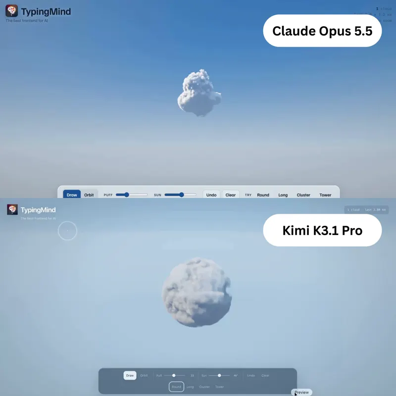 Drawing clouds in the sky: Kimi K3.1 Pro vs Claude Opus 5.5