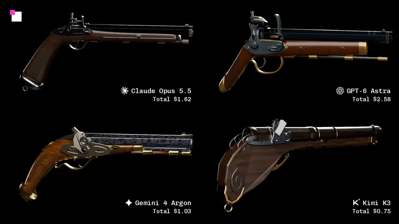 Artisanal 1800s pistol in Blender MCP: Claude Opus 5.5 vs GPT-6 Astra vs Gemini 4 Argon vs Kimi K3