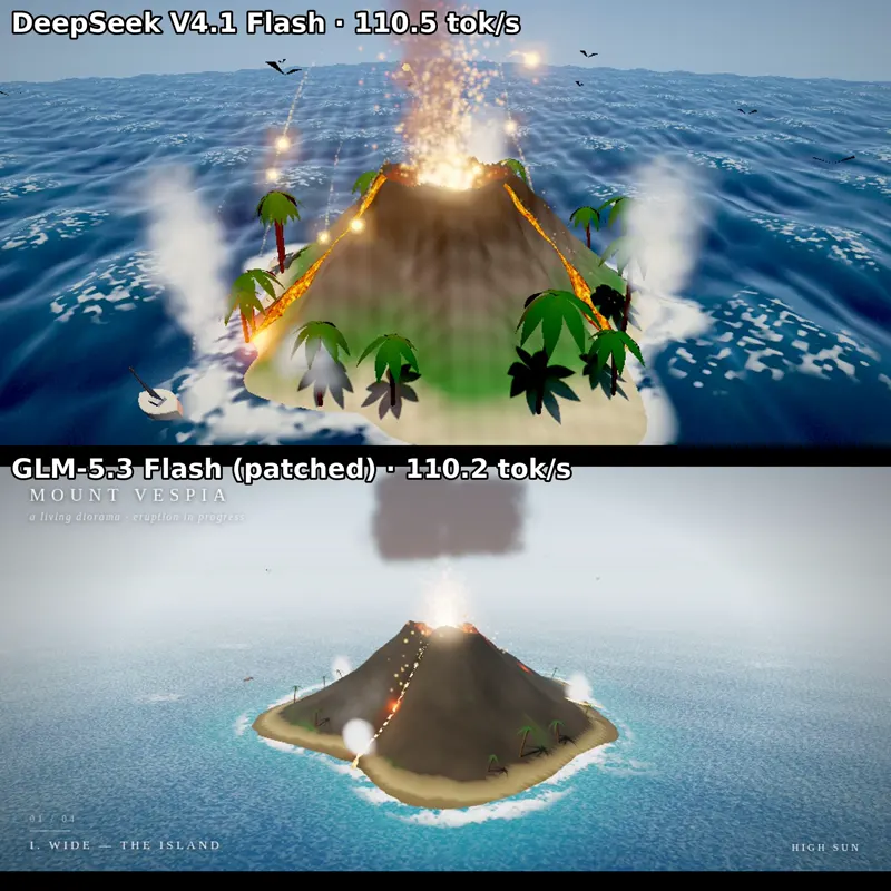 Volcano island, two local models: DeepSeek V4.1 Flash 1017 vs GLM 5.3 Flash
