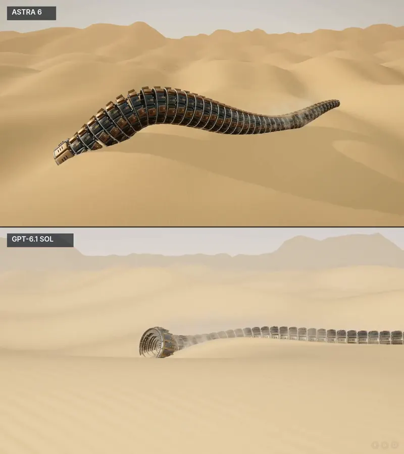 Mechanical Dune sandworm in one HTML file: GPT-6.1 Sol vs GPT-6 Astra