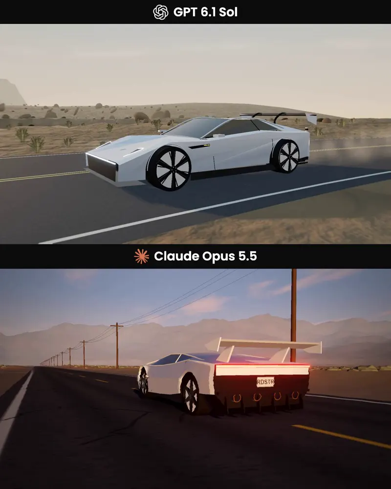 Flying Roadster jumping the Snake River: GPT-6.1 Sol vs Claude Opus 5.5