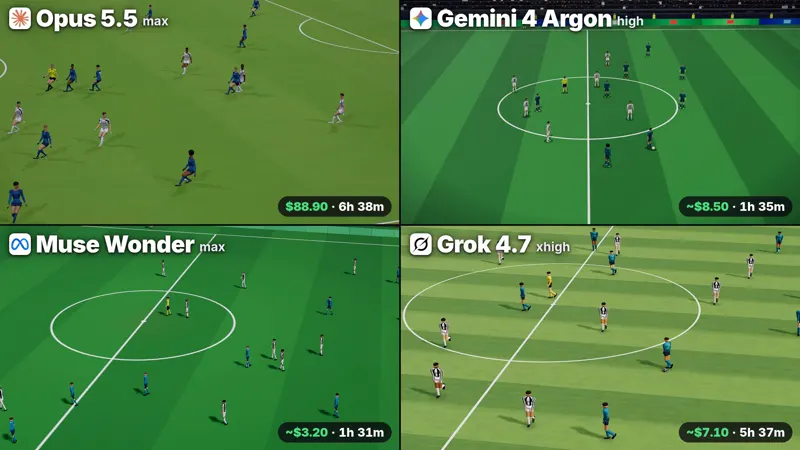 Recreating a famous bicycle-kick goal, four models: Claude Opus 5.5 vs Gemini 4 Argon vs Muse Wonder 1.0 vs Grok 4.7