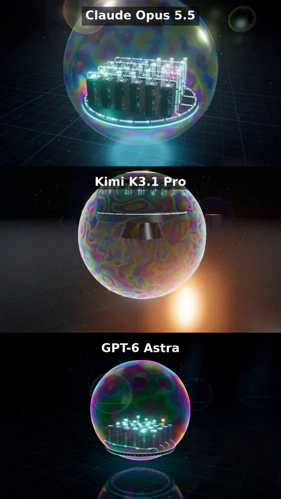 Chip rack in a soap bubble, three models: Claude Opus 5.5 vs GPT-6 Astra vs Kimi K3.1 Pro