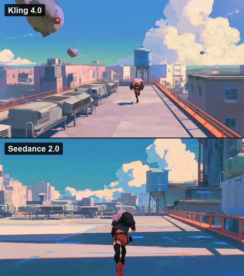 Anime rooftop chase with a grappling move: Kling 4.0 vs Seedance 2.0