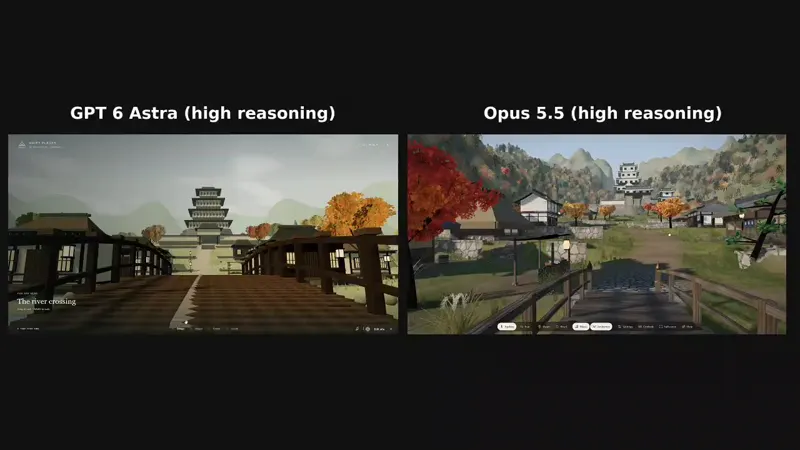 3D feudal Japanese village walkthrough: GPT-6 Astra vs Claude Opus 5.5