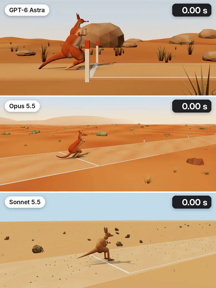 3D kangaroo 100-metre race, three models: GPT-6 Astra vs Claude Opus 5.5 vs Claude Sonnet 5.5
