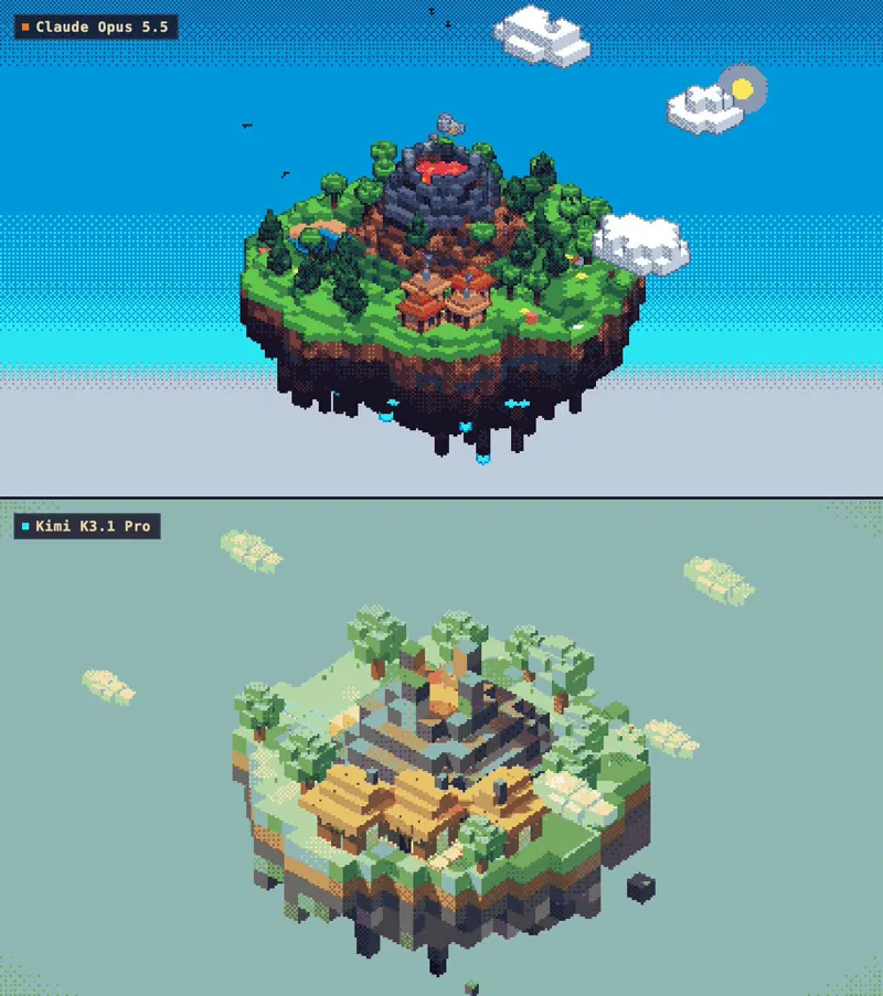 Pixel volcano recreated, Opus vs Kimi K3.1 Pro: Claude Opus 5.5 vs Kimi K3.1 Pro