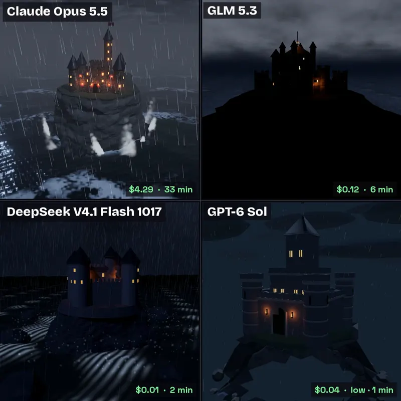 Castle in a lightning storm, four models: Claude Opus 5.5 vs GLM 5.3 vs DeepSeek V4.1 Flash 1017 vs GPT-6 Sol