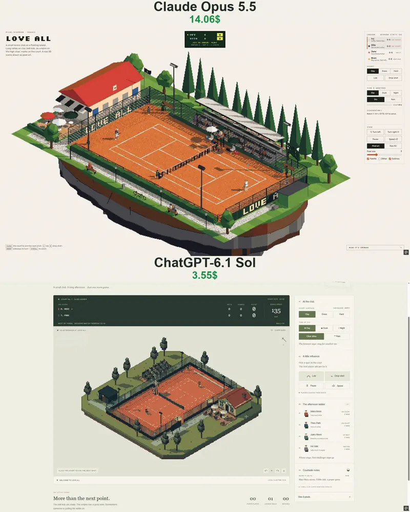 Isometric tennis club, Opus vs GPT-6.1 Sol: Claude Opus 5.5 vs GPT-6.1 Sol
