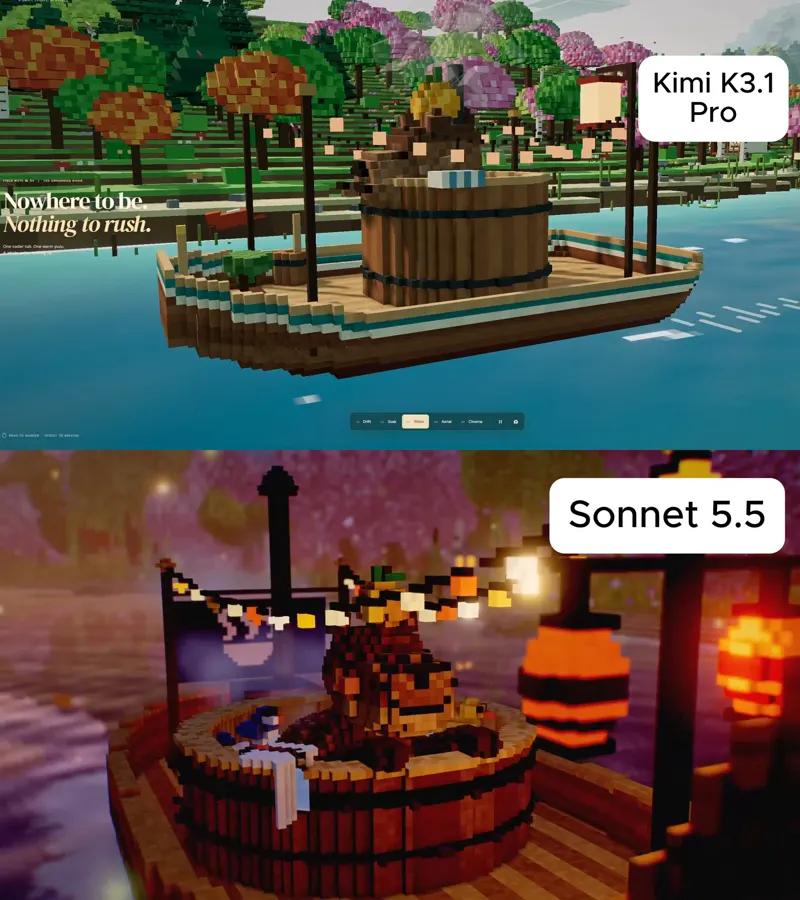 Voxel canal boat ride, Sonnet vs Kimi K3.1 Pro: Claude Sonnet 5.5 vs Kimi K3.1 Pro