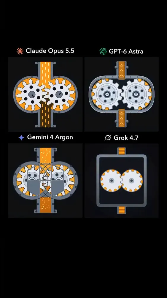 Working gear pump animation, four models: Claude Opus 5.5 vs GPT-6 Astra vs Gemini 4 Argon vs Grok 4.7