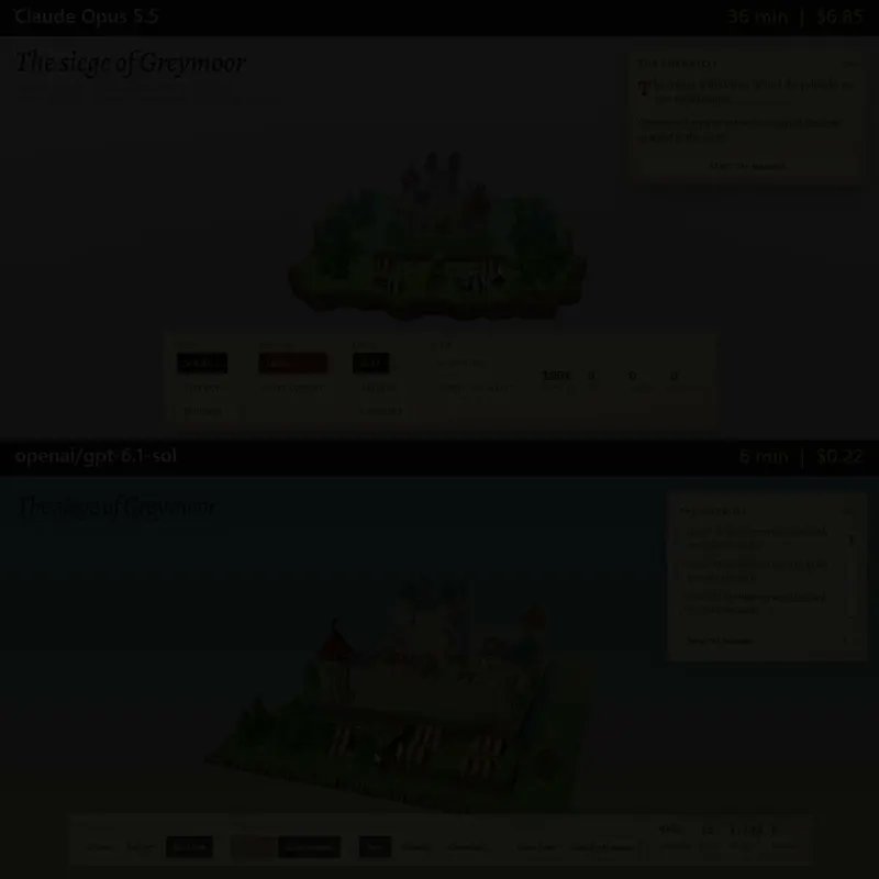 Voxel castle under siege in one HTML file: Claude Opus 5.5 vs GPT-6.1 Sol