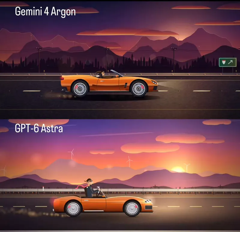 Convertible cruising at sunset, Argon vs Astra: Gemini 4 Argon vs GPT-6 Astra