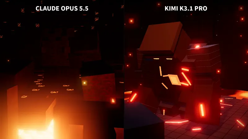 Glowing voxel lava scene, Opus vs Kimi K3.1 Pro: Claude Opus 5.5 vs Kimi K3.1 Pro