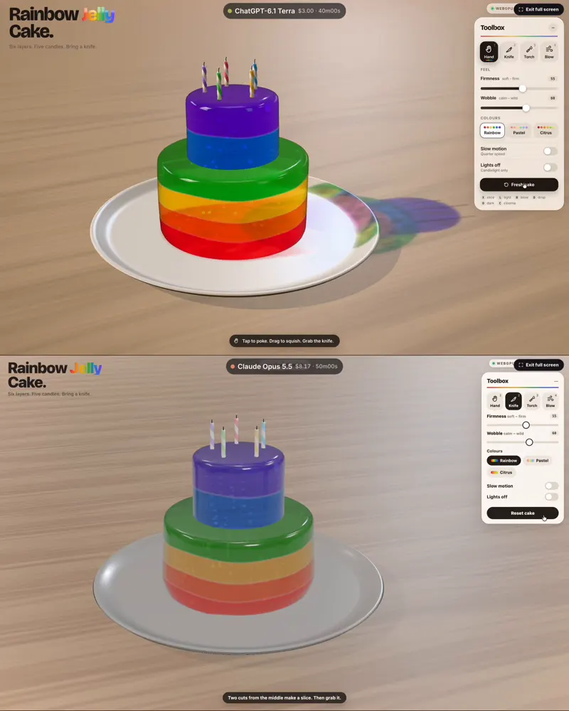 Rainbow jelly cake you can slice and light: GPT-6.1 Terra vs Claude Opus 5.5