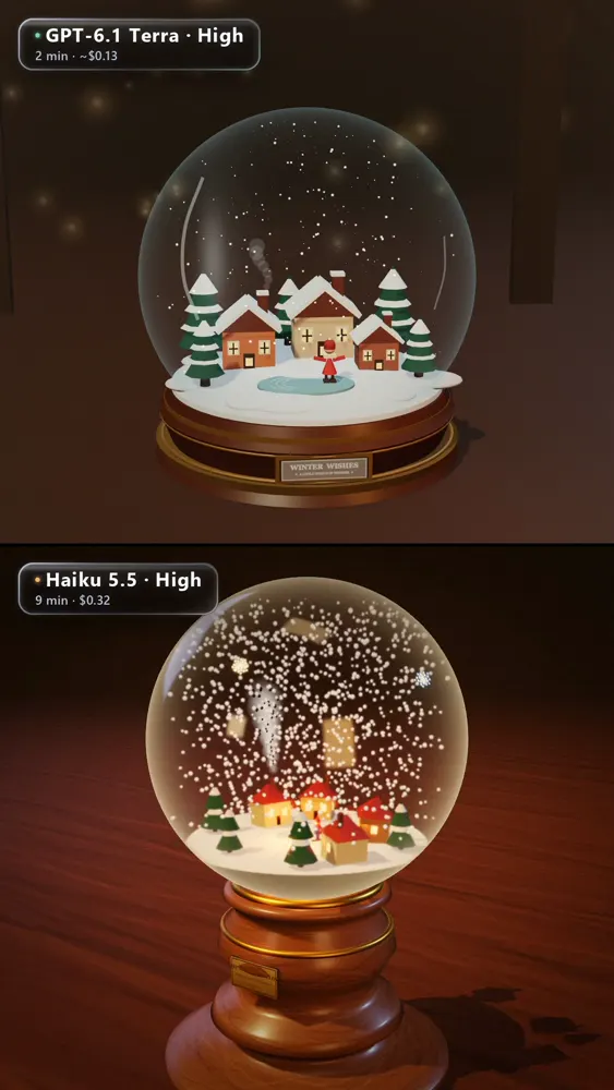 Snow globe winter village in three.js, Terra vs Haiku: GPT-6.1 Terra vs Claude Haiku 5.5