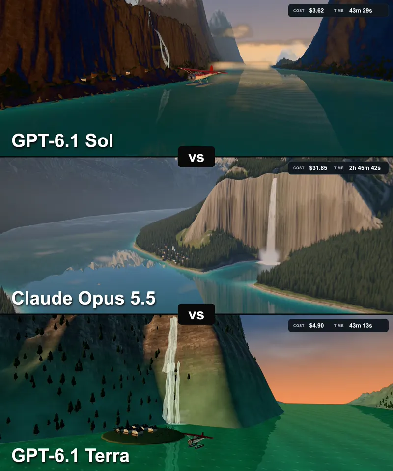 Alpine Gold seaplane flight, three models: Claude Opus 5.5 vs GPT-6.1 Sol vs GPT-6.1 Terra